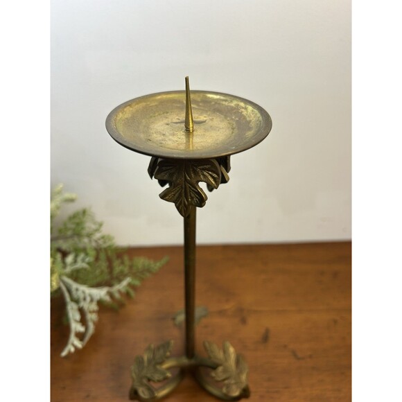 Vintage Brass Pillar Candle Holder With Leaf Motif 10” Tall - Picture 2 of 8